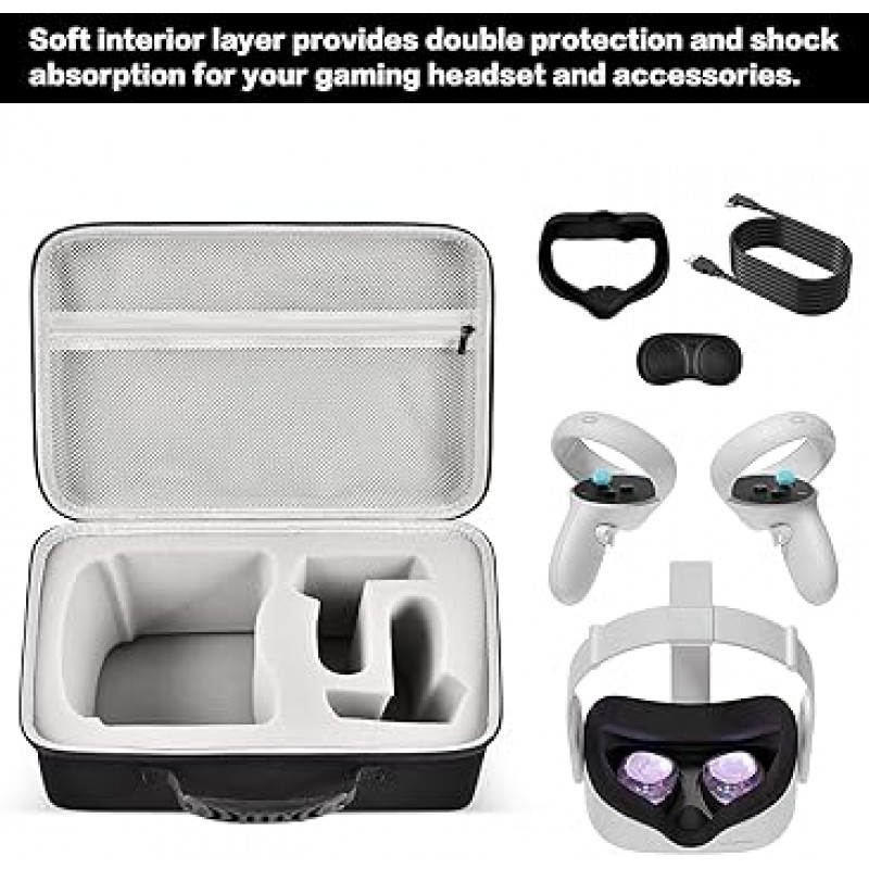Meta/Oculus Quest 2 올인원 VR 게임용 헤드셋 터치 컨트롤러 하드 운반 케이스, Quest 2 액세서리용 실리콘 페이스 커버 및 렌즈 보호 장치가 포함된 휴대용 여행용 커버 보관 가방