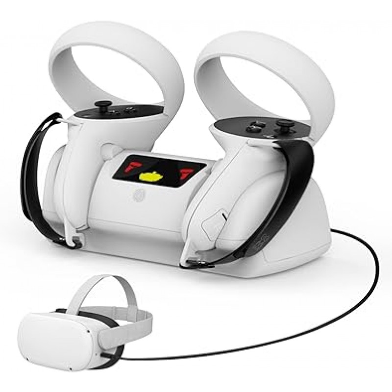 AMVR Quest 2 호환 충전 도크, VR 헤드셋 및 컨트롤러용 충전 스탠드 액세서리, 충전식 배터리 2개, Type-C 충전 케이블, 터치 컨트롤러 스트랩 2개