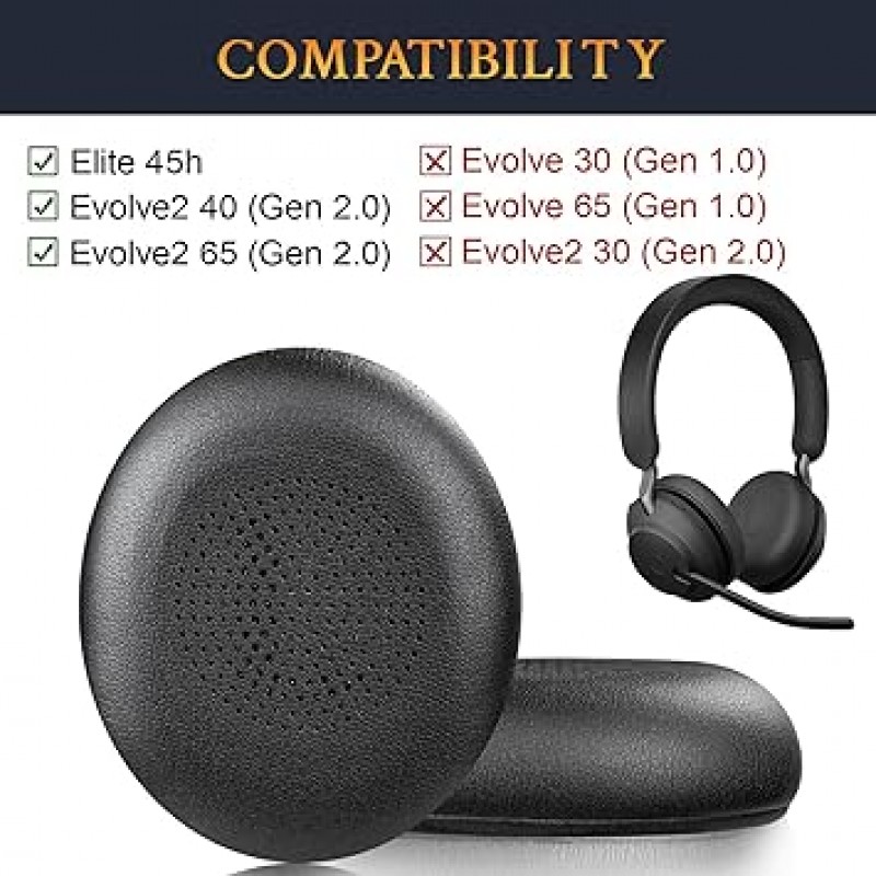 Jabra Evolve2 65(65MS 65UC USB)/Evolve2 40(40UC 40MS USB)/Elite 45h 온이어 헤드폰 교체용 패드 이어패드 이어패드 이어패드 단백질 가죽 헤드패드 - 블랙용 SOULWIT 이어 패드 이어 쿠션