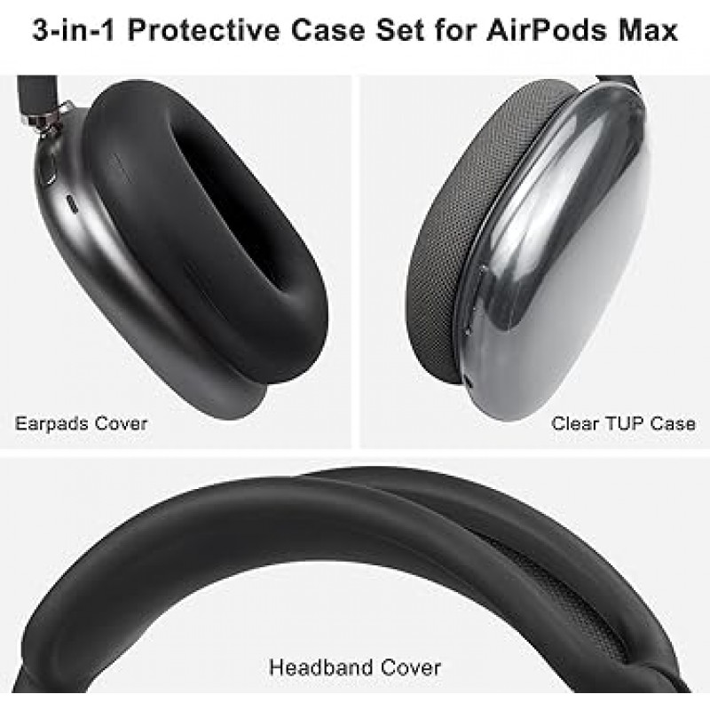 AirPods Max용 SOULWIT 보호 액세서리, TPU 커버 + 헤드밴드 커버 + 이어패드 케이스, 다방향 보호 키트, 긁힘 방지, 땀 방지, 청소 용이, 방진, 경량, 얇은(검은색)