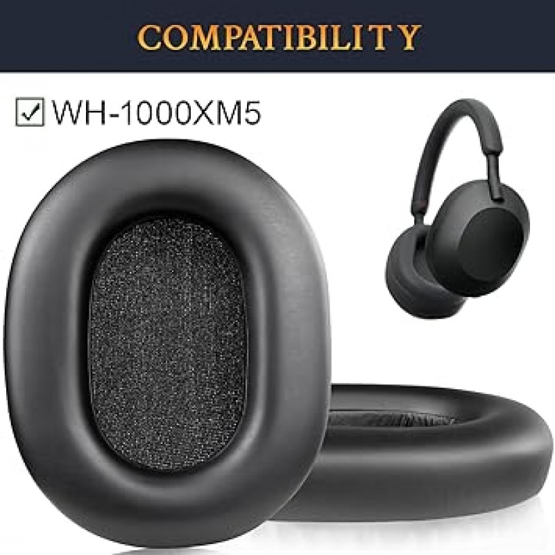 SOULWIT 이어 패드 소니 WH-1000XM5(WH1000XM5)용 이어 쿠션 무선 소음 차단 헤드폰 교체 패드 고밀도 폼 단백질 가죽 헤드패드(검은색)
