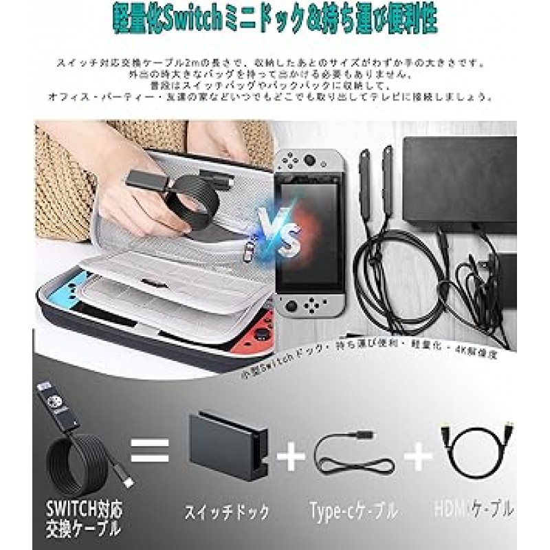 Switch Dock Switch TV 연결 출력(4K 및 1080P 해상도, HDMI 변환, TV 모드, PD 충전 기능), HDMI 케이블 포함, Switch Mini Dock 및 교체 케이블, Switch Dock 교체, 길이 2, 소형, 내구성, 경량, 휴대 편리, 스위치/스위치 OLED, 노트북, 태블릿, 스마트폰 등과 호환됩니다. (블랙)