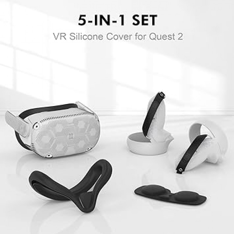 AMVR Quest 2 액세서리 세트, 배터리 입구가 있는 터치 컨트롤러 그립, VR 실리콘 페이스 커버, 렌즈 커버가 있는 쉘 전면 커버, 렌즈 청소용 천