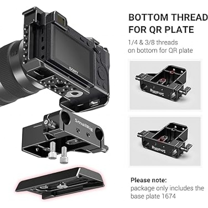 Sony A6500 A6600 A6300 Panasonic GH5 GH6 Sony A7 시리즈 Canon R5 R6 카메라 및 케이지-1674 용 로드 레일 클램프 베이스 플레이트가 있는 SmallRig 카메라 베이스 플레이트