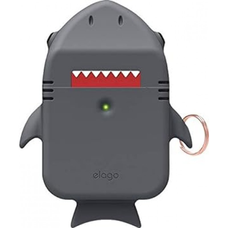 카라비너가 포함된 elago AirPods 호환 케이스, 실리콘 커버, 충격 방지, 충격 흡수, 케이스 커버, 충격 방지, 긁힘 방지, 낙하 방지, 보호 액세서리, Apple AirPods 1/AirPods 2 무선 충전 케이스와 호환 가능, Airpods 호환, SHARK 케이스, 다크 그레이
