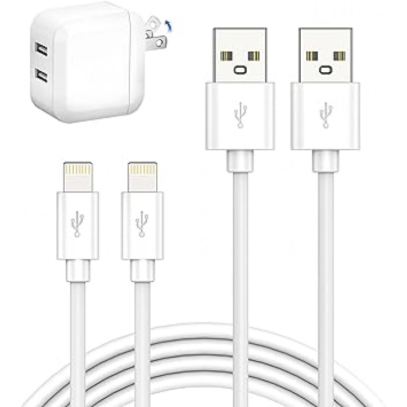 iPhone 충전기, 접이식, 2포트, 24W, 급속 충전기, 1m, 2개 포함, USB 콘센트, 스마트폰 충전기, iPhone 충전 케이블, PSE 인증, MFi, iPhone 14, 13, 12, 11Pro와 호환 가능, Pro Max, Mini, X, XS, XR, 8, 7 및 기타 USB-C 장치