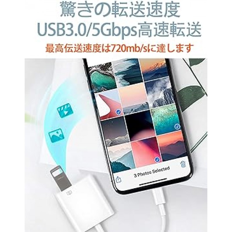 iPhone USB 변환기 어댑터(2023년 신규, 공식 인증, 24개월 보증), iPhone Lightning 카메라 어댑터, USB 3.0/5Gbps, 고속 전송, Lightning 연결 케이블, 고속 충전, 4K 비디오 전송, 데이터 전송 저장, 고화질 사진/비디오 /오디오 파일, MFi 칩, iPhone 카메라 어댑터, 양방향 전송, iPhone 카메라 어댑터, iPhone/iPoD/iPad/MacBook용, Lightning, USB 연결, 설