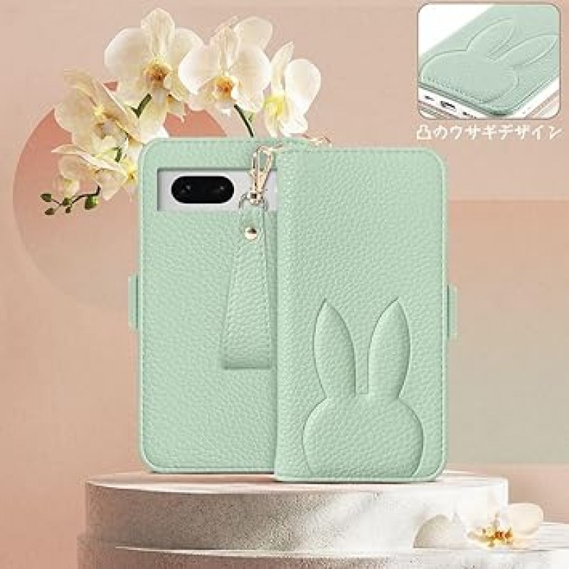 Google Pixel 7a(6.1인치)용 MAGICASE 포켓북형 스마트폰 케이스, 스타일리쉬하고 인기 있는 토끼 디자인, 여성용 카드 보관 및 수평 스탠드 기능이 있는 지갑형 커버, 자석 잠금, 전면 보호, 범퍼, 핸드메이드 스트랩, 스킨 유사 폴리우레탄 가죽 질감, 땀 흡수, 지문 방지, 착용 및 탈착 용이, 성인에게 적합, 동물, 녹색
