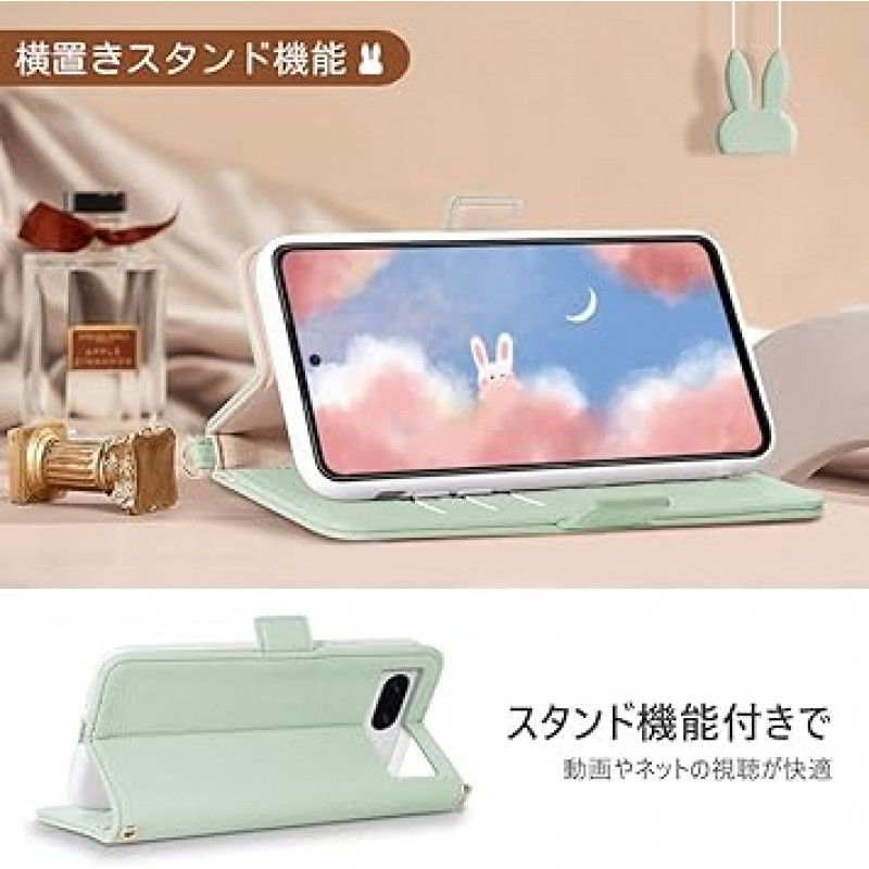 Google Pixel 7a(6.1인치)용 MAGICASE 포켓북형 스마트폰 케이스, 스타일리쉬하고 인기 있는 토끼 디자인, 여성용 카드 보관 및 수평 스탠드 기능이 있는 지갑형 커버, 자석 잠금, 전면 보호, 범퍼, 핸드메이드 스트랩, 스킨 유사 폴리우레탄 가죽 질감, 땀 흡수, 지문 방지, 착용 및 탈착 용이, 성인에게 적합, 동물, 녹색