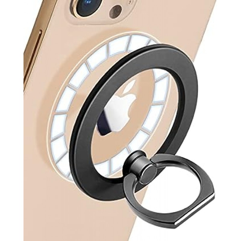 ZNXZENIX MagSafe 충전, 스마트폰 고정 링, 간편한 제거, MagSafe 호환, 자석, 부착 가능, 위치 변경 가능, 로고 디스플레이, 매력, 슬림, 얇은, 경량, 스탠드, 수직, 수평, 360° 회전, 스마트폰 링, 금속, 차량용 홀더, iPhone 낙하 방지, 손가락 반지, 접이식, 컴팩트, 한 손 조작(블랙)