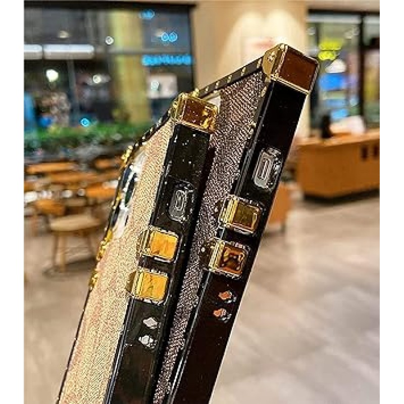 여성용 디자이너 스퀘어 케이스 Samsung Galaxy S23 Ultra 5G 럭셔리 미적 클래식 패턴 가죽 뒷면 커버 소프트 프레임 금속 명판 Samsung Galaxy S23 Ultra 5G 6.8 (인치) 용 귀여운 반짝 이는 커버 - 카키