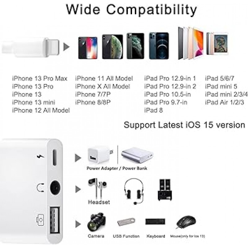 USB 3 카메라 어댑터 3 인 1 USB 여성 OTG 장치 어댑터 충전 및 3.5mm 헤드폰 AUX 잭 스플리터 iPhone SE/Max/11/X/Xs/8P/7P 패드 포드 USB 플래시 드라이브/MIDI 키보드 대응
