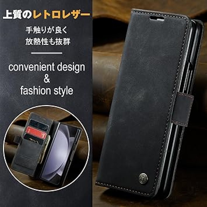 Galaxy Z Fold 5 케이스, 노트북형, Samsung Galaxy Z Fold 5용 커버, OURJOY 스마트폰 케이스, 지갑형, 카드 보관함, 측면 개구부, 가죽, TPU, 충격 방지, 휴대폰 커버, 가로 기능, 자석, 패셔너블, 블랙