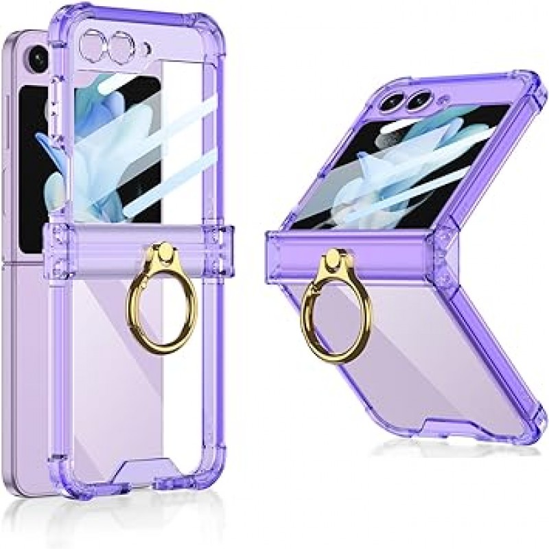 Galaxy Z Flip5 케이스, Samsung Galaxy Z Flip 5용 투명, 링이 있는 커버, 힌지형 보호, Uovon 스마트폰 케이스, 충격 방지, 스탠드 기능, 스트랩 구멍, 초경량, 초박형, 황변 방지, 패셔너블, 보라색