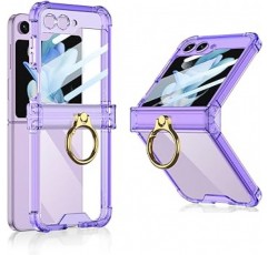 Galaxy Z Flip5 케이스, Samsung Galaxy Z Flip 5용 투명, 링이 있는 커버, 힌지형 보호, Uovon 스마트폰 케이스, 충격 방지, 스탠드 기능, 스트랩 구멍, 초경량, 초박형, 황변 방지, 패셔너블, 보라색