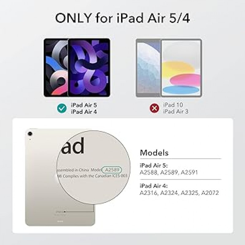 ESR iPad Air 5세대 케이스, 2022 하이브리드, 4세대 2020, iPad 10.9인치, 탈착식 자기 커버, 조정 가능한 세로/가로 스탠드, 투명한 뒷면 쉘, Pencil 2와 호환 가능, 자동 잠자기/깨우기