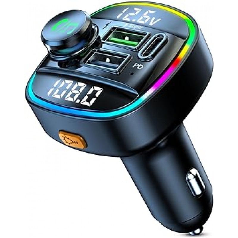 Ninonly FM 송신기, 차량용 충전기, QC3.0 고속 충전, Bluetooth 5.0, USB 포트 2개, FM 송신기, 전압 측정, USB 메모리, 간편한 재생, 핸즈프리 통화, 12-24V 차량과 호환 가능, 일본어 사용 설명서(영어) 보장되지 않음)