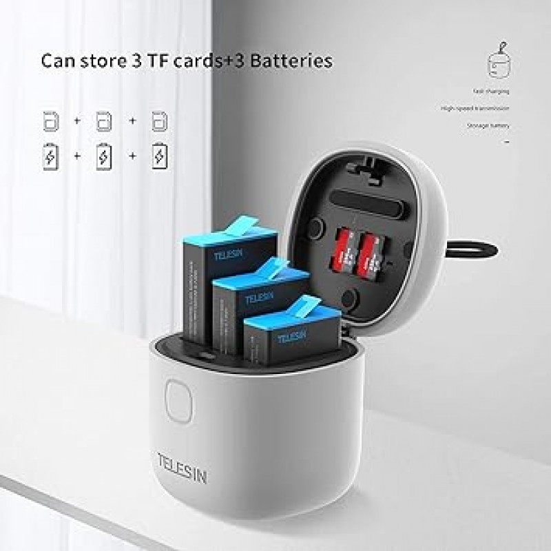 TELESIN Hero11, Hero10, Hero9 배터리 충전기, Allin Box USB 방수 충전기, Type-C 충전 케이블이 있는 고속 SD 카드 리더기, Gopro용 최고의 액세서리(기존 GoPro Hero 11 10 9 배터리와 호환 가능)