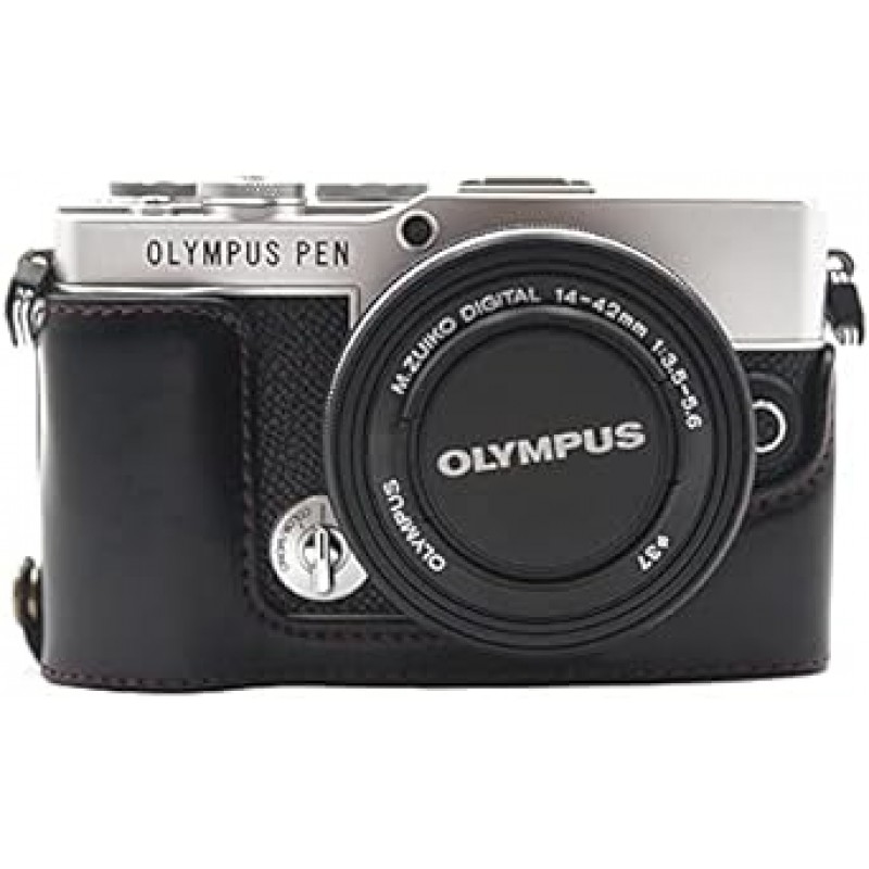 Olympus PEN E-P7 EP7 카메라 가방 카메라 케이스, Koowl 수제 최고급 PU 가죽 카메라 하프 케이스, Olympus PEN E-P7 EP7 SLR 카메라 케이스, 방수, 방진, 휴대용, Openwork 베이스 + 핸드 스트랩(카메라 스트랩)과 호환 가능 (PU 블랙)