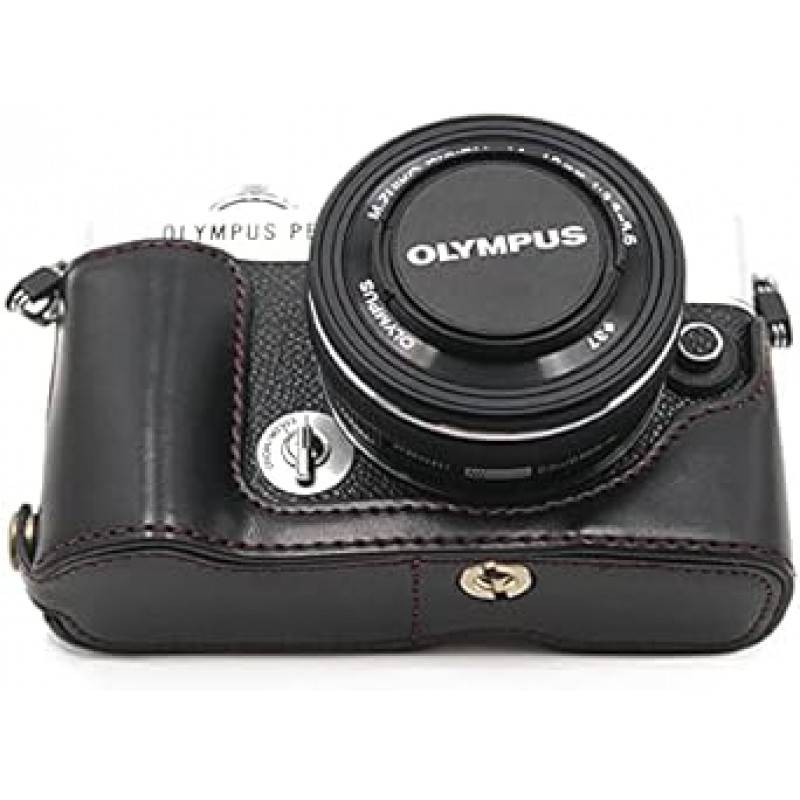 Olympus PEN E-P7 EP7 카메라 가방 카메라 케이스, Koowl 수제 최고급 PU 가죽 카메라 하프 케이스, Olympus PEN E-P7 EP7 SLR 카메라 케이스, 방수, 방진, 휴대용, Openwork 베이스 + 핸드 스트랩(카메라 스트랩)과 호환 가능 (PU 블랙)
