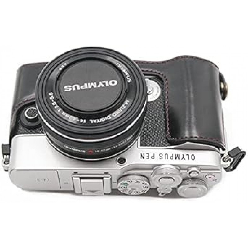 Olympus PEN E-P7 EP7 카메라 가방 카메라 케이스, Koowl 수제 최고급 PU 가죽 카메라 하프 케이스, Olympus PEN E-P7 EP7 SLR 카메라 케이스, 방수, 방진, 휴대용, Openwork 베이스 + 핸드 스트랩(카메라 스트랩)과 호환 가능 (PU 블랙)