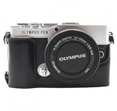 Olympus PEN E-P7 EP7 카메라 가방 카메라 케이스, Koowl 수제 최고급 PU 가죽 카메라 하프 케이스, Olympus PEN E-P7 EP7 SLR 카메라 케이스, 방수, 방진, 휴대용, Openwork 베이스 + 핸드 스트랩(카메라 스트랩)과 호환 가능 (PU 블랙)