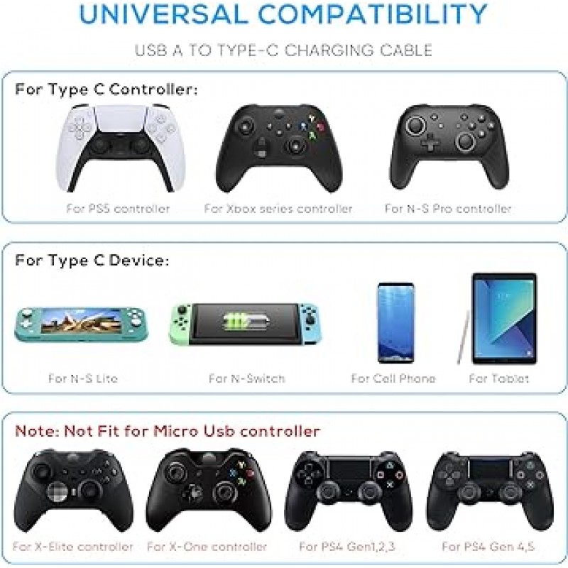 MENEEA 2개 팩 10 피트 충전 케이블 PS5 컨트롤러/Xbox 시리즈 X/Xbox 시리즈 S 컨트롤러용 교환용 USB C코드 나일론 편조 타입 C포트 액세서리 Nintendo Switch용