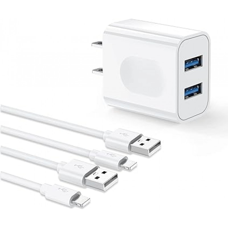 USB 충전기, 2포트, 12W, iPhone 충전기, iPhone 충전 케이블, 3.3피트(1m), PSE 인증/고속, iPad 충전기 케이블, 스마트폰 충전기, 급속 충전기, AC 어댑터, 휴대용 충전기, 고속 충전기, 경량, 컴팩트 , 국제 호환, iPhone, iPad, Android 등과 같은 USB 장치와 호환 가능