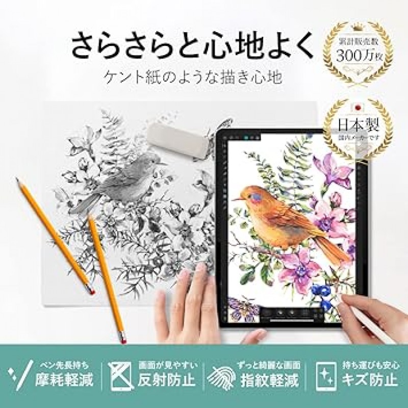 BELLEMOND 422 iPad 10.2인치용 보호 필름, 켄트 종이 유형, 9세대(2021/8세대 2020/7세대 2019), 일본제, 보호 필름, 매끄럽고 종이와 같은 그림 그리기, 반사 방지, 지문 방지, 펜촉 마모 방지, iPad Muji
