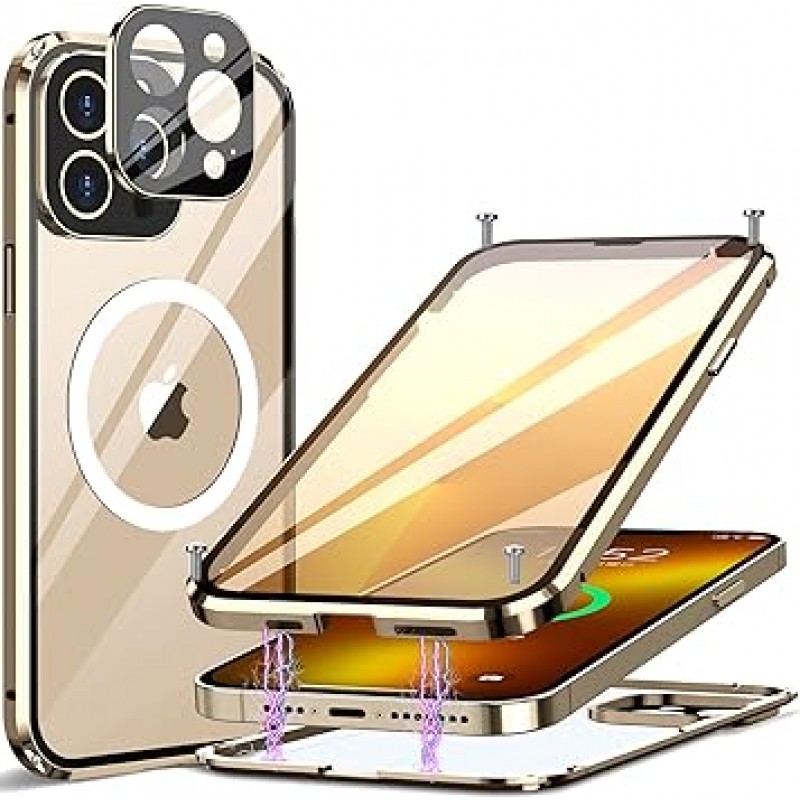 나사 고정식 알루미늄 합금 MESTRIEV iPhone 13 Pro Max 케이스, 양면 강화 유리, 360° 보호, MagSafe 무선 충전 호환, 충격 방지, 민감한 터치, 6.7인치(골드)