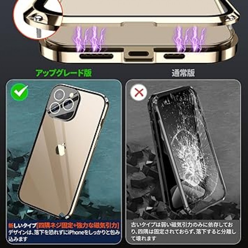 나사 고정식 알루미늄 합금 MESTRIEV iPhone 13 Pro Max 케이스, 양면 강화 유리, 360° 보호, MagSafe 무선 충전 호환, 충격 방지, 민감한 터치, 6.7인치(골드)