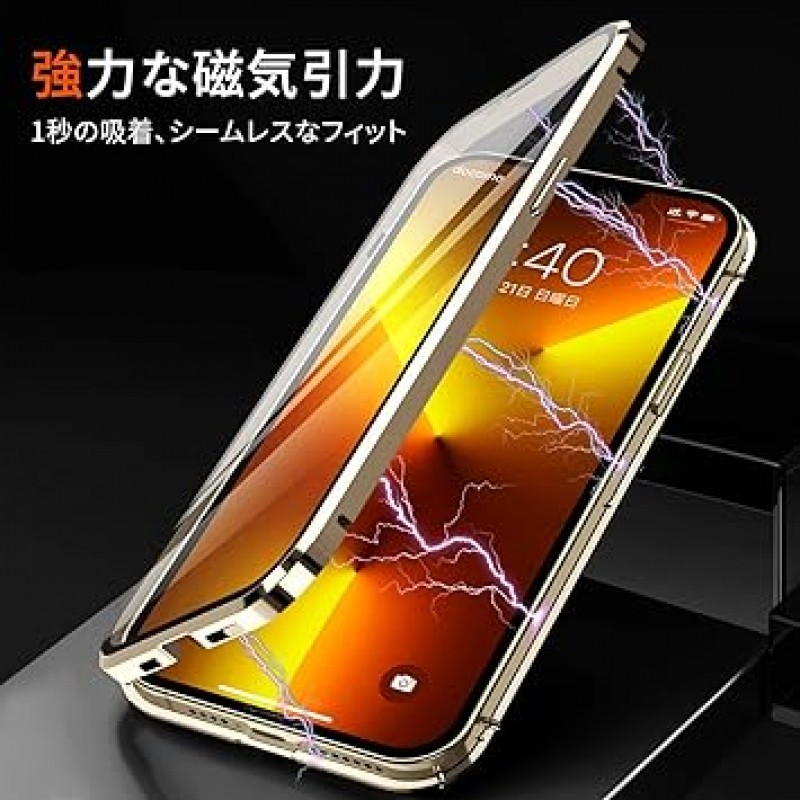 나사 고정식 알루미늄 합금 MESTRIEV iPhone 13 Pro Max 케이스, 양면 강화 유리, 360° 보호, MagSafe 무선 충전 호환, 충격 방지, 민감한 터치, 6.7인치(골드)
