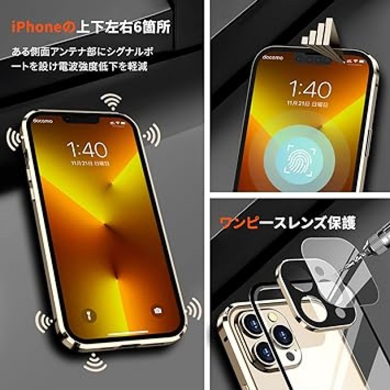 나사 고정식 알루미늄 합금 MESTRIEV iPhone 13 Pro Max 케이스, 양면 강화 유리, 360° 보호, MagSafe 무선 충전 호환, 충격 방지, 민감한 터치, 6.7인치(골드)