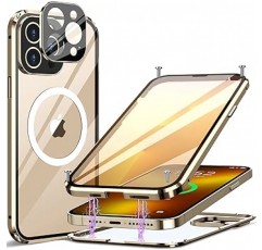 나사 고정식 알루미늄 합금 MESTRIEV iPhone 13 Pro Max 케이스, 양면 강화 유리, 360° 보호, MagSafe 무선 충전 호환, 충격 방지, 민감한 터치, 6.7인치(골드)