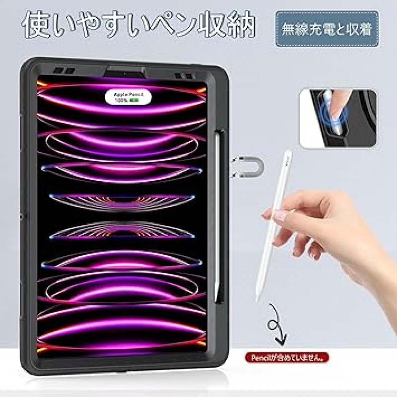 iPad Pro 12.9인치 케이스, Miesherk 6세대 5세대 4세대(2022/2021/2020/2018) iPad Pro 보호 커버 충격 방지 내구성 방진 360°회전 스탠드 정밀 컷 펜 보관 작업 현장용 손 및 어깨 끈 어린이용
