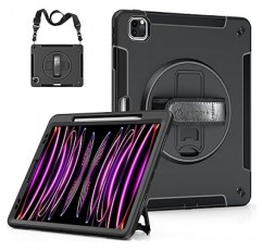 iPad Pro 12.9인치 케이스, Miesherk 6세대 5세대 4세대(2022/2021/2020/2018) iPad Pro 보호 커버 충격 방지 내구성 방진 360°회전 스탠드 정밀 컷 펜 보관 작업 현장용 손 및 어깨 끈 어린이용
