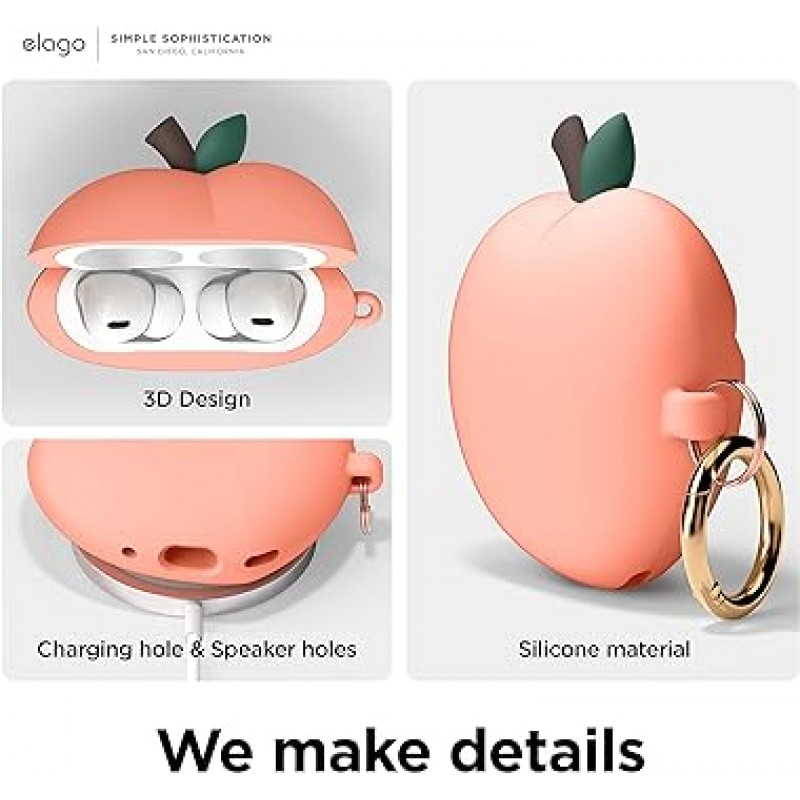 [elago] AirPods Pro 2nd 호환 케이스, 스타일리쉬, 귀여운, 과일 디자인, 커버, 카라비너 ​​포함, 충격 방지, 실리콘 케이스 커버, 이어팁, 충격, 흡수, 보호, 액세서리, 실리콘 케이스, Apple AirPods2 MQD83J/A와 호환 가능 Apple Airpods 프로 2, 에어팟 프로 2, 피치행 피치