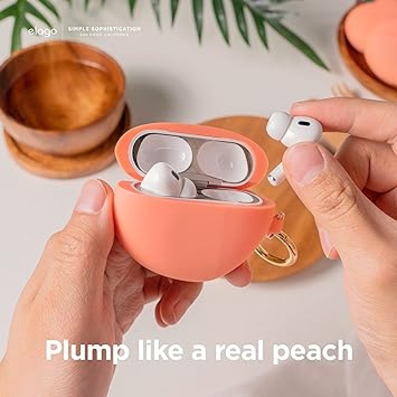 [elago] AirPods Pro 2nd 호환 케이스, 스타일리쉬, 귀여운, 과일 디자인, 커버, 카라비너 ​​포함, 충격 방지, 실리콘 케이스 커버, 이어팁, 충격, 흡수, 보호, 액세서리, 실리콘 케이스, Apple AirPods2 MQD83J/A와 호환 가능 Apple Airpods 프로 2, 에어팟 프로 2, 피치행 피치