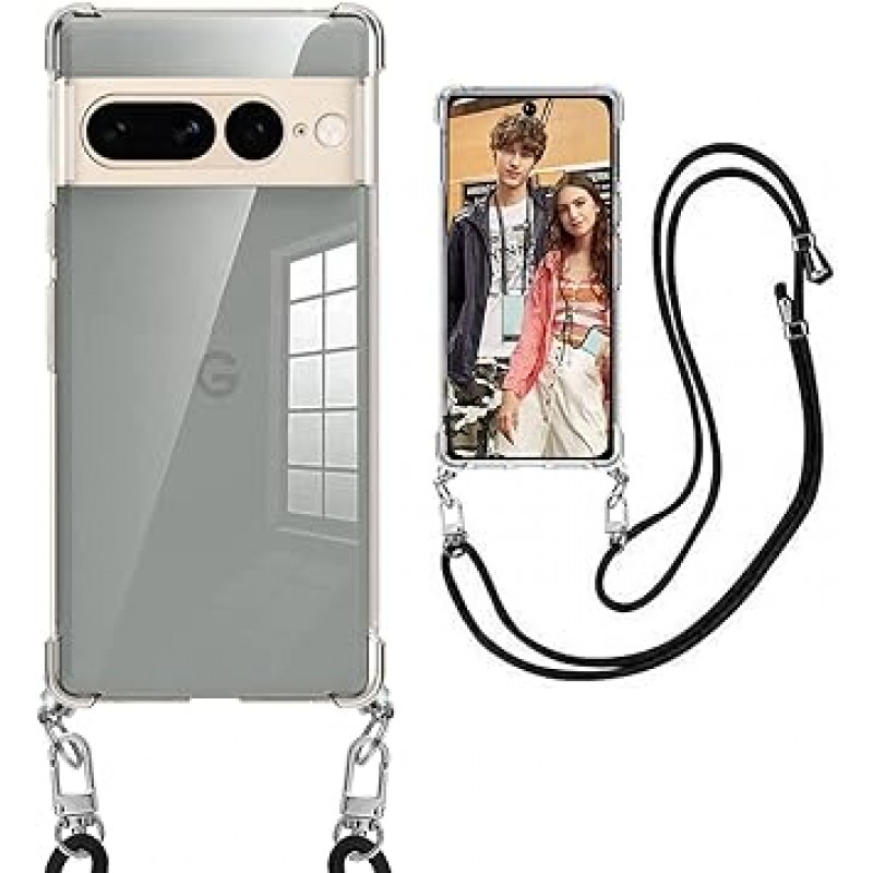 google Pixel 7 Pro 케이스, 투명 어깨 투명 TPU Pixel 7 Pro 스마트폰 케이스 충격 방지 대각선 우븐 스트랩 스마트폰 케이스 넥 스트랩 케이스 어깨 스트랩 조절 가능한 어깨 크로스바디 목걸이 보호용 소프트 경량 얇은 경량 어깨 스트랩 스트랩이 있는 범퍼 어깨 스트랩 스트랩 범퍼 크로스바디 케이스 충격 흡수 렌즈 보호(클리어)