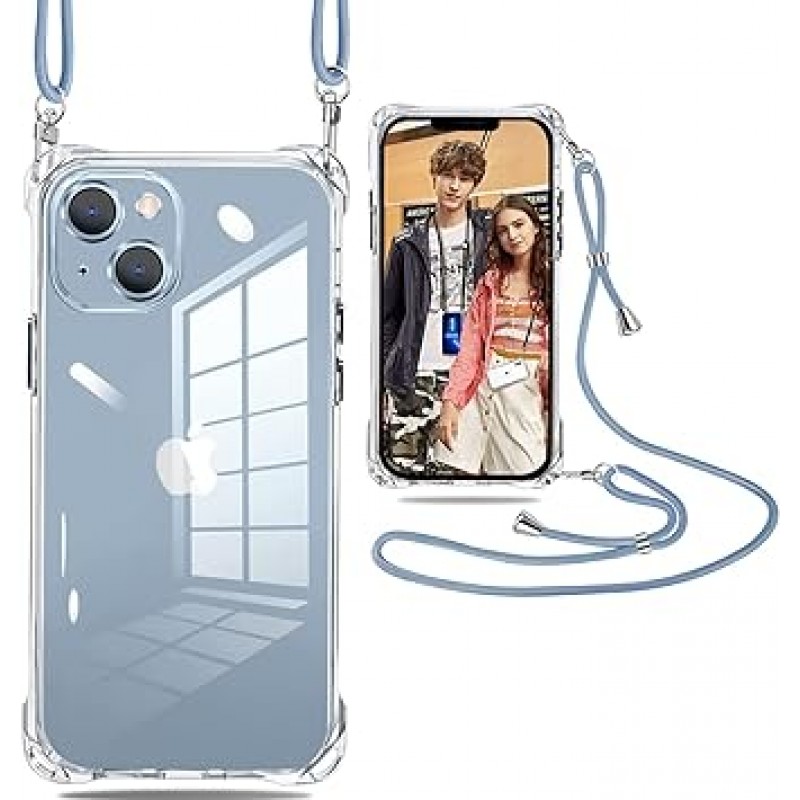 iPhone 14 Plus 케이스, 투명 숄더, 충격 방지, 조절 가능한 어깨 크로스바디 목걸이, TPU 커버, iPhone 14 Plus, 탈부착 가능, 무선 충전 가능, 투명 커버, 충격 방지, 투명, 얇은, TPU, 경량, 어깨 스트랩, 스트랩이 있는 범퍼 커버, 스트랩 홀, 케이스, 국산투명, Qi충전, 무선충전, 긁힘방지, 긁힘방지, 카메라보호(로프-애쉬블루)