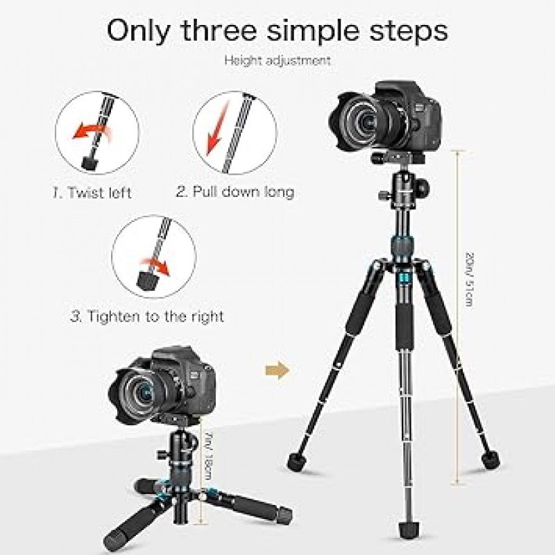 Koolehaoda 휴대용 미니 삼각대, 높이 20.1인치(51cm), 알루미늄 합금 탁상용 삼각대 + 360도 볼 헤드 및 가방, SLR 카메라 및 캠코더에 적합 최대 부하 용량 5kg-(파란색)
