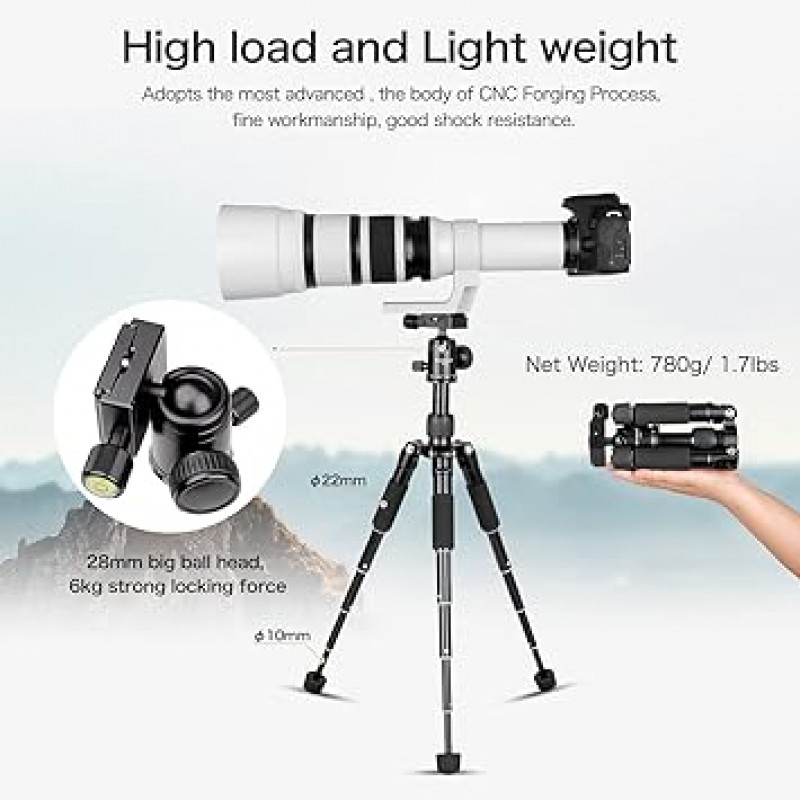 Koolehaoda 휴대용 미니 삼각대 알루미늄 합금 탁상 삼각대, 높이 51cm, 360도 볼 헤드 및 가방 포함, SLR 카메라, 캠코더에 적합, 최대 부하 용량 5kg-(검은색)
