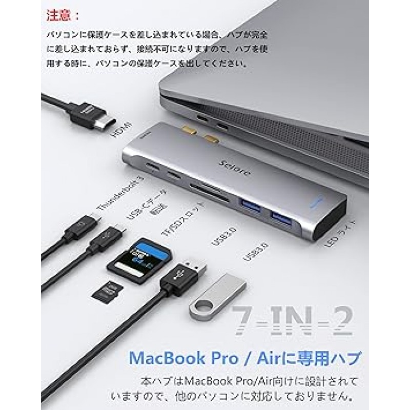 Selore MacBook Air 허브, MacBook 허브, Mac 허브, 7 in 2, MacBook Pro/Air, 4K HDMI 비디오 출력, 100W PD 급속 충전, USB-C 데이터 전송, USB 3.0 x 2, TF/SD 슬롯/mac USB 허브 호환 MacBook Pro 2020, 2019, 2018, 2017, 2016, MacBook Air 2020202018 macbook pro 허브 포함