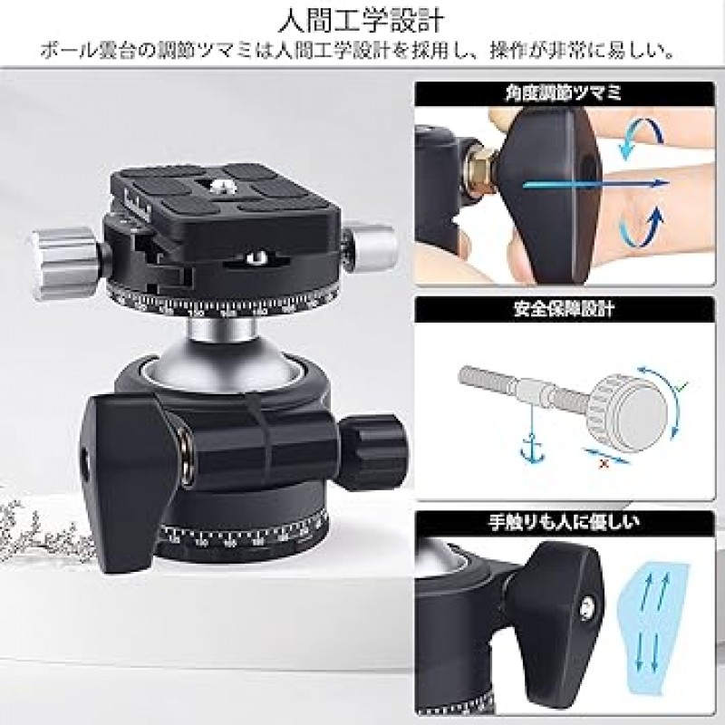 볼 헤드 1.4인치(36mm) 직경, 이중 파노라마 팬 포함, 2021 저중심 헤드 720도 회전, 전체 보기 사진용 파노라마 헤드, 경량 디자인, 알루미늄 합금 헤드, 작동하기 편리함, 컴팩트한 볼 프리 헤드, 최대 부하 용량 15kg(33.1파운드), 3/8
