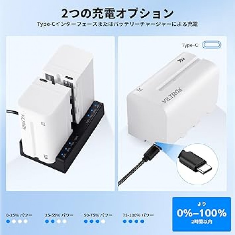 VILTROX NP-F750 비디오 조명 배터리, 2피스 세트 + USB 충전기, USB Type-C 충전, 패널 조명, 4400mAh, 배터리 잔량 표시, 배터리 잔량 표시, DC-55 HD 모니터, Sprite40, VL-400T, VL- 500T, VL-192T, VL-D640T 비디오 조명 등