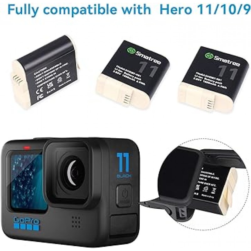 Smatree Gopro Hero 11Pro 11Mini 11 10 9 충전기 2000mAh 내장 배터리