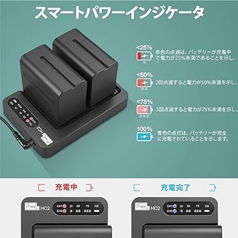 NP-F970 배터리 충전기 세트 픽셀 2pcs 8400mAh 대용량 NP F970 교체 배터리 + Sony NP-F750,F550,F770,F960,F975,F930,F570 및 Sony TR917,CCD-SC5,Pixel R65C용 30W 듀얼 채널 급속 충전기 배터리 충전기 링 라이트/K80 RGB 비디오 조명/P50 데스크 마운트 사진 조명 등과 호환 가능