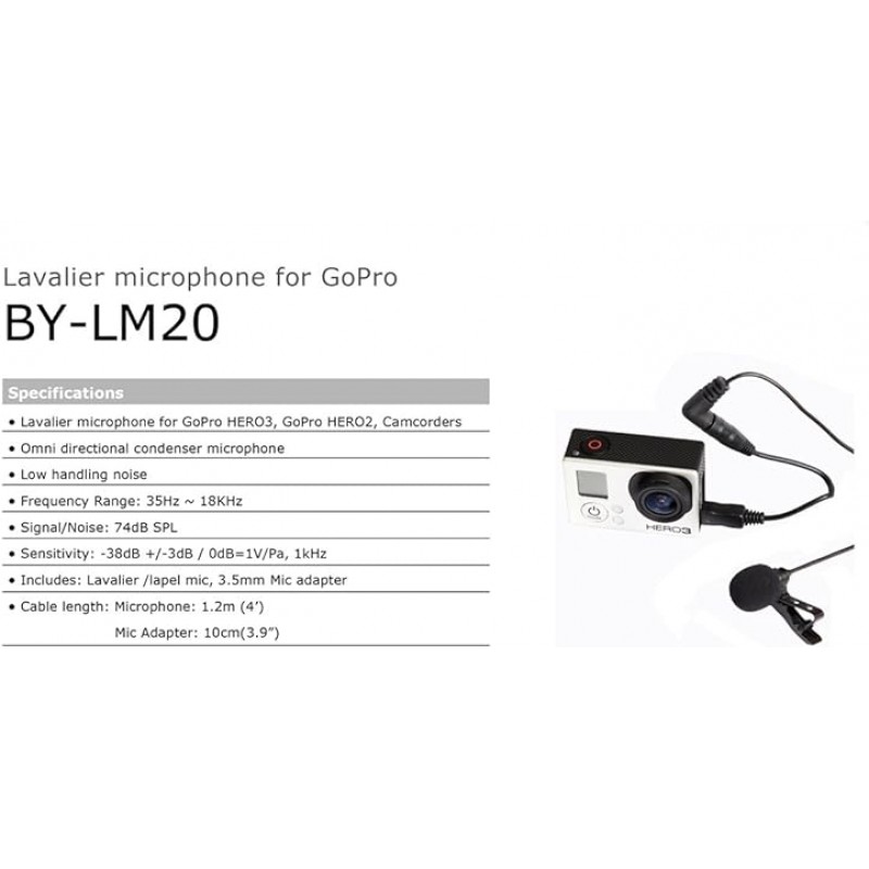 BOYA BY – LM20 Gopro Hero4, GoPro Hero3, GoPro Hero2 캠코더 라베리마이쿠로혼 전방향 마이크 블랙