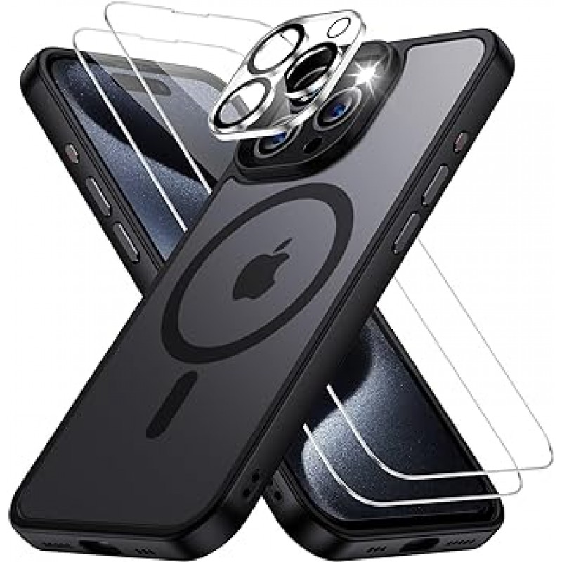 [MagSafe 호환 필름 세트] Holidi Phone 15Pro 케이스, MagSafe Matte Feel, 자석, 스트랩 홀, 완전 보호, 무선 충전, 황변 없음, 이중 레이어, 반투명, iPhone 15 Pro 커버, 블랙