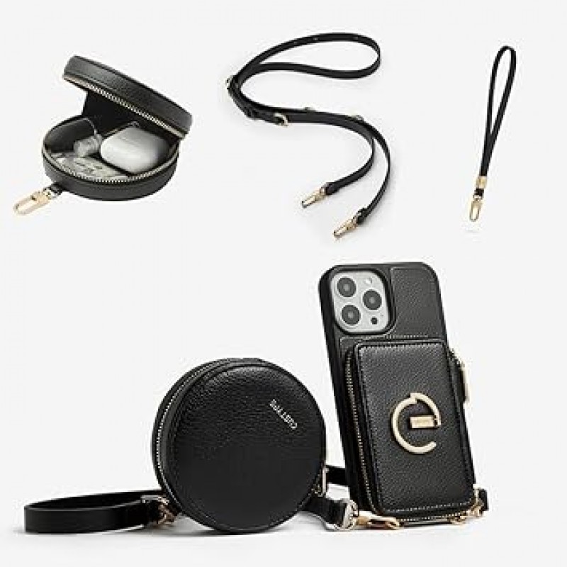 ZVE iPhone 14 Pro 노트북형 케이스, 카드 수납함, 2피스 세트, 동전 케이스 포함, 이어폰, 액세서리, 동전 지갑, RFID 차단, 소형 품목, 원형 지갑, 지갑, iPhone 14 Pro 노트북형 케이스, 스트랩 포함, 반지 포함 , 스탠드 지갑, 멀티 카드 슬롯, 크로스바디 스트랩, iPhone 14 Pro 숄더 케이스, 6.1인치, 블랙